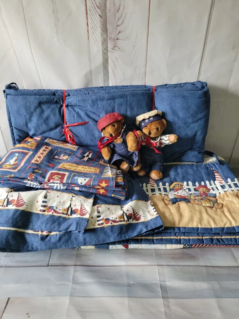 Blue Jean Teddy Daisy Kingdom Sailor Bear Americana Complete Sailboat Lighthouse